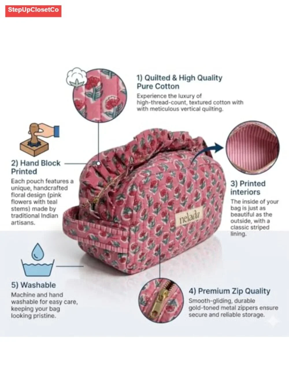 Handcrafted Quilted Cotton Makeup Bag with Frill - Large Travel Organizer Pouch